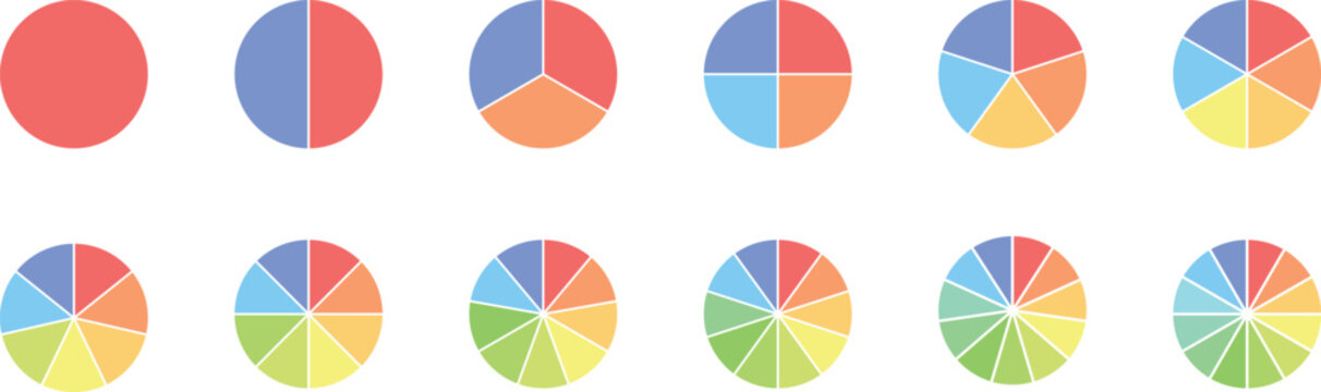 Circle pie chart diagram. Circle division infographic icon set. Loading bar set diagram multicolored collection. Pie chart divided 1,2,3,4,5,6,7,8,9,10,11,12 equal parts.	