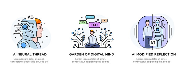 Set of illustrations artificial intelligence helps humans. technology, partnership, artificial intelligence business robot, cybes. linear illustration Icons infographics. Landing page site print