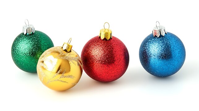 Four glittery oval shaped christmas ornaments in red green gold and blue colors on white background