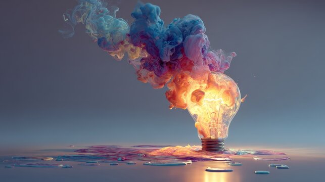 Creative light bulb explosion with colorful smoke, symbolizing innovation, inspiration, and the power of imagination