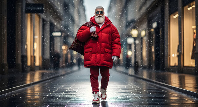 Stylish santa claus walking on a snowy city street with a gift bag on his shoulder
