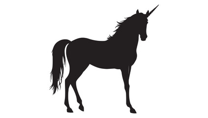 Majestic black silhouette of a mythical unicorn standing elegantly against a pure white background, symbolizing fantasy, magic, and wonder.
