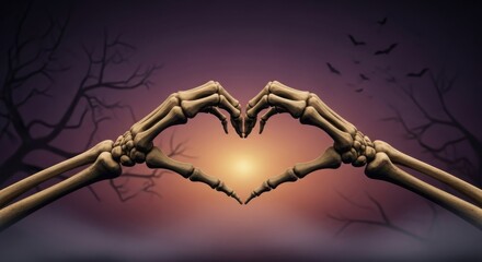 Spooky skeleton hands forming a heart shape against a twilight sky with silhouetted trees and flying bats, perfect for Halloween themes and gothic romance.