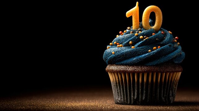 Delicious cupcake adorned with a number ten candle sits on a dark surface, celebrating a 10th anniversary or a birthday milestone year.