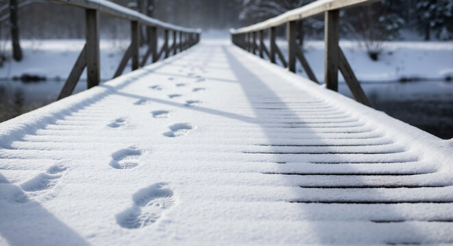 Footprints in snow on wooden bridge in winter landscape  