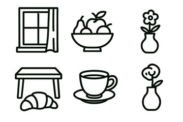 Cozy Kitchen Icons. Natural Aesthetic linear icons: window light, fruit bowl, wooden table, tea cup, pastry, flower vase.