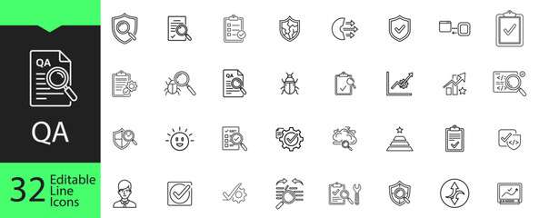 QA and software testing line icon set. 32 editable outline symbols for quality assurance, debugging, code review, and inspection.