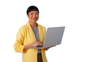 Confident asian businesswoman working online, smiling while holding laptop, symbolizing modern digital work