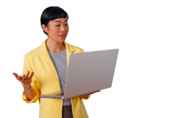Asian businesswoman presenting, holding laptop and gesturing, explaining during a virtual meeting with transparent background