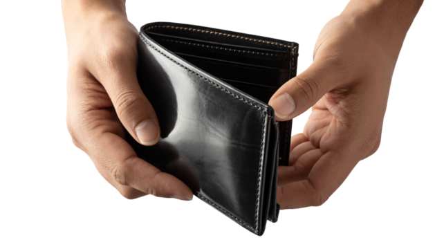 Elegant black leather wallet held open by hands, showcasing premium craftsmanship and sleek design for discerning buyers.