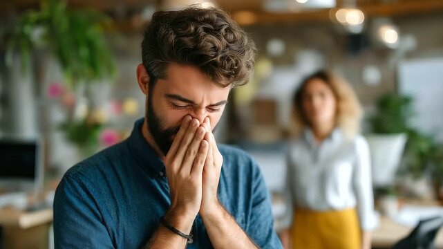 Man feeling jealous of his successful colleague receiving congratulations in office, selective focus, under soft office light highlighting emotion and tension, serene workplace sce