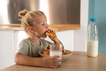 Hungry blond child taking a big bite of croissant during breakfast, boy enjoying fresh pastry with milk at home kitchen table