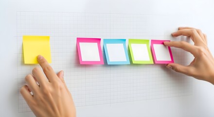 Hands meticulously arranging colorful blank sticky notes on a grid board, symbolizing collaborative planning, brainstorming ideas, and efficient project workflow management