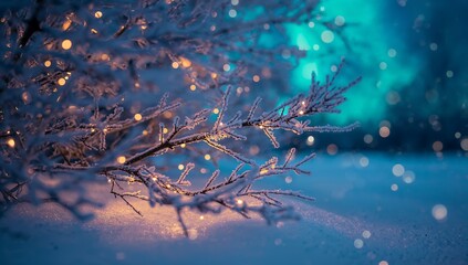 Close-up frosted branches glowing with warm fairy lights, shimmering snow and soft bokeh, with cool northern lights above, creating a clean, ultra-realistic winter mood ideal for seasonal designs.