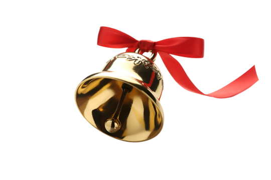 Golden christmas bells with red ribbon isolated on transparent background