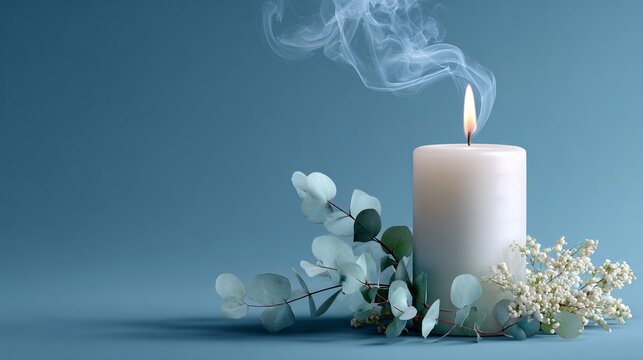 White candle flame and smoke with floral decorations on a blue background