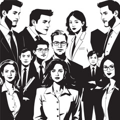 Diverse professional team gathered confidently portraying modern business success and collaborative spirit in a striking graphic style