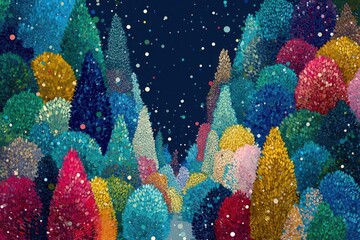 Whimsical forest of colorful textured trees under a dark starry night sky with falling snow
