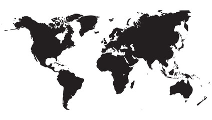 Bold black world map silhouette on white background offering a clean canvas for global business and travel concepts