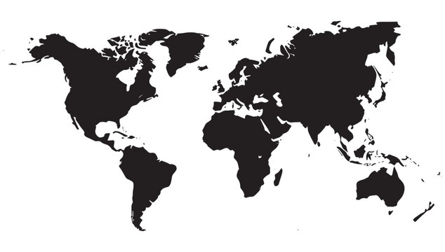 Bold black world map silhouette on white background offering a clean canvas for global business and travel concepts