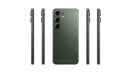 Sleek modern smartphone with triple camera array showcased from multiple angles for product visualization and tech marketing