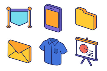 Modern Isometric Icons. Visual Consistency flat icons: banner, mockup screen, folder, envelope, uniform, presentation board.