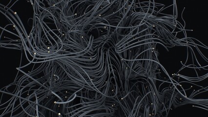 Glowing knots forming swirling luminous whirlpools, Intricate display of shimmering lines creating fluorescent vortex with microspark accents around tangled LED cables