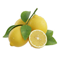 Group of Fresh Yellow Lemons with Green Leaves and Water Droplets Isolated on Transparent Background Detailed Macro Shot