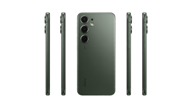 Sleek modern smartphone with triple camera array showcased from multiple angles for product visualization and tech marketing