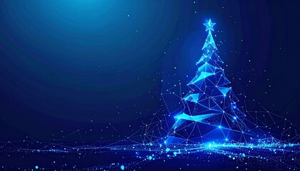 Glowing blue digital Christmas tree with a star topper, formed by a futuristic plexus network of connected lines and dots. Abstract holiday technology concept on a dark background