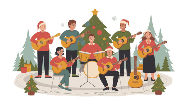 Joyful Christmas band:  A talented ensemble of musicians, dressed festively, gather around a decorated Christmas tree, filling the air with the lively and heart warming music.