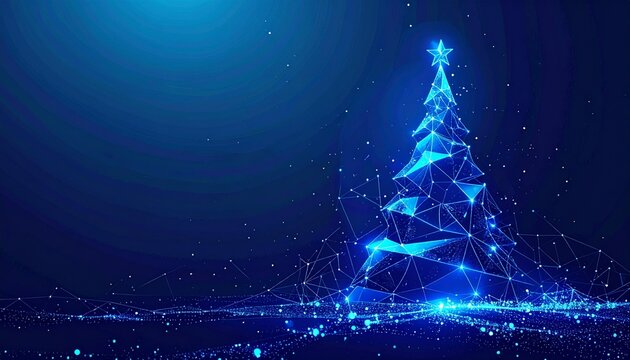 Glowing blue digital Christmas tree with a star topper, formed by a futuristic plexus network of connected lines and dots. Abstract holiday technology concept on a dark background - Powered by Adobe