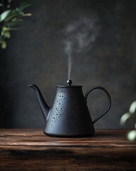 hand drip on wooden table showing precise pour with gooseneck kettle and steam rising, realistic photography
