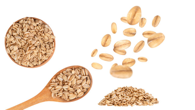 Natural oat flakes in various arrangements, including levitation, clean isolated set.