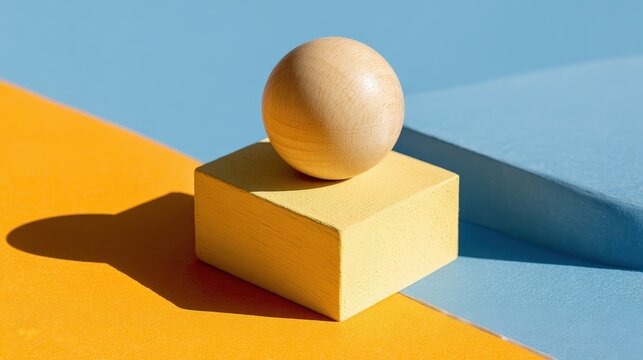 Wooden sphere rests atop a yellow block against vibrant blue and orange background surfaces