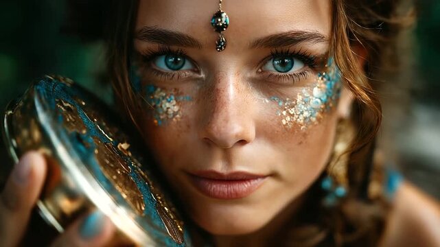 Beautiful shaman woman with face painting, jewelry and tambourine outdoors, closeup, under soft natural light highlighting detail and culture, serene portrait scene, calm outdoor l