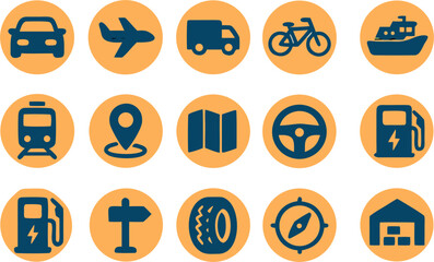Collection of modern transportation and travel icons for business and lifestyle projects