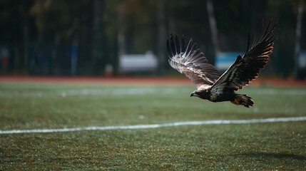 Obraz premium A golden eagle soars over a grassy field with its wings spread wide