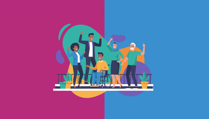 Naklejka premium Diverse happy team celebrating unity and inclusion on a vibrant background Corporate teamwork concept