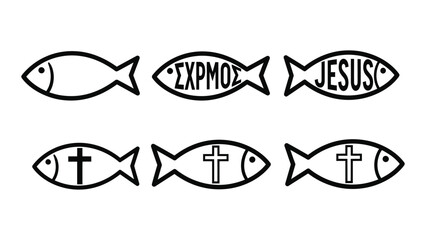 Ichthys christian fish silhouette symbols isolated on white background, Vector
