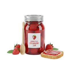 Homeme Strawberry Jam Jar with Wooden Spoon and Toast Slice Isolated on Black Background Vivid Red Fruit Spread with Fresh Strawberries and Green Leaves