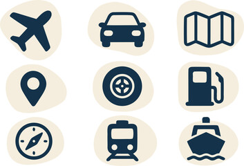 Explore the world with diverse transportation icons including airplane, car, map, train, boat, and compass