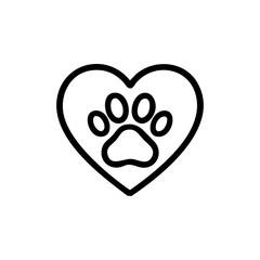 Outline Icon of a Paw Print Inside a Heart Shape on a White Background love animal