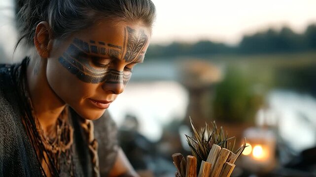Beautiful shaman woman with face painting, skull and palo santo sticks performing ritual near river outdoors, space for text, under soft natural light highlighting mysticism and na