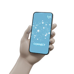 Human hand holding a modern smartphone displaying a digital network connection graphic with the word connect on a blue screen against a dark background