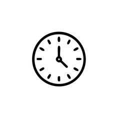 Simple black line art icon of a circular analog clock with hour and minute hands pointing to approximately 4:55 on a white background Keywords: clock, time, analog, circular, dial, hands, hour