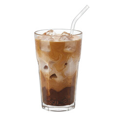 Iced Coffee Drink with Cream and Coffee Beans in a Tall Glass with Straw and Ice Cubes on a Black Background