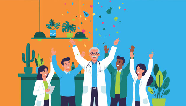 Diverse team of doctors and professionals celebrate success victory and financial achievement with confetti