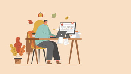 Stressed worker tackling heavy workload and alerts on computer during the autumn season