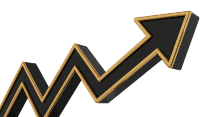 Stunning 3D black and gold arrow graph dramatically rising upwards symbolizing financial growth and success